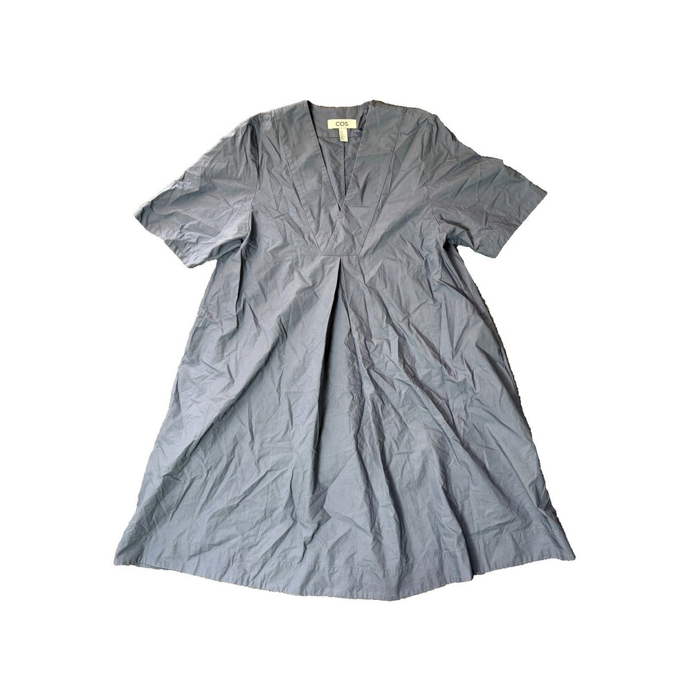 COS Dress Womens Size 2 Blue Cotton V Neck 34" Long Minimalist Short Sleeve